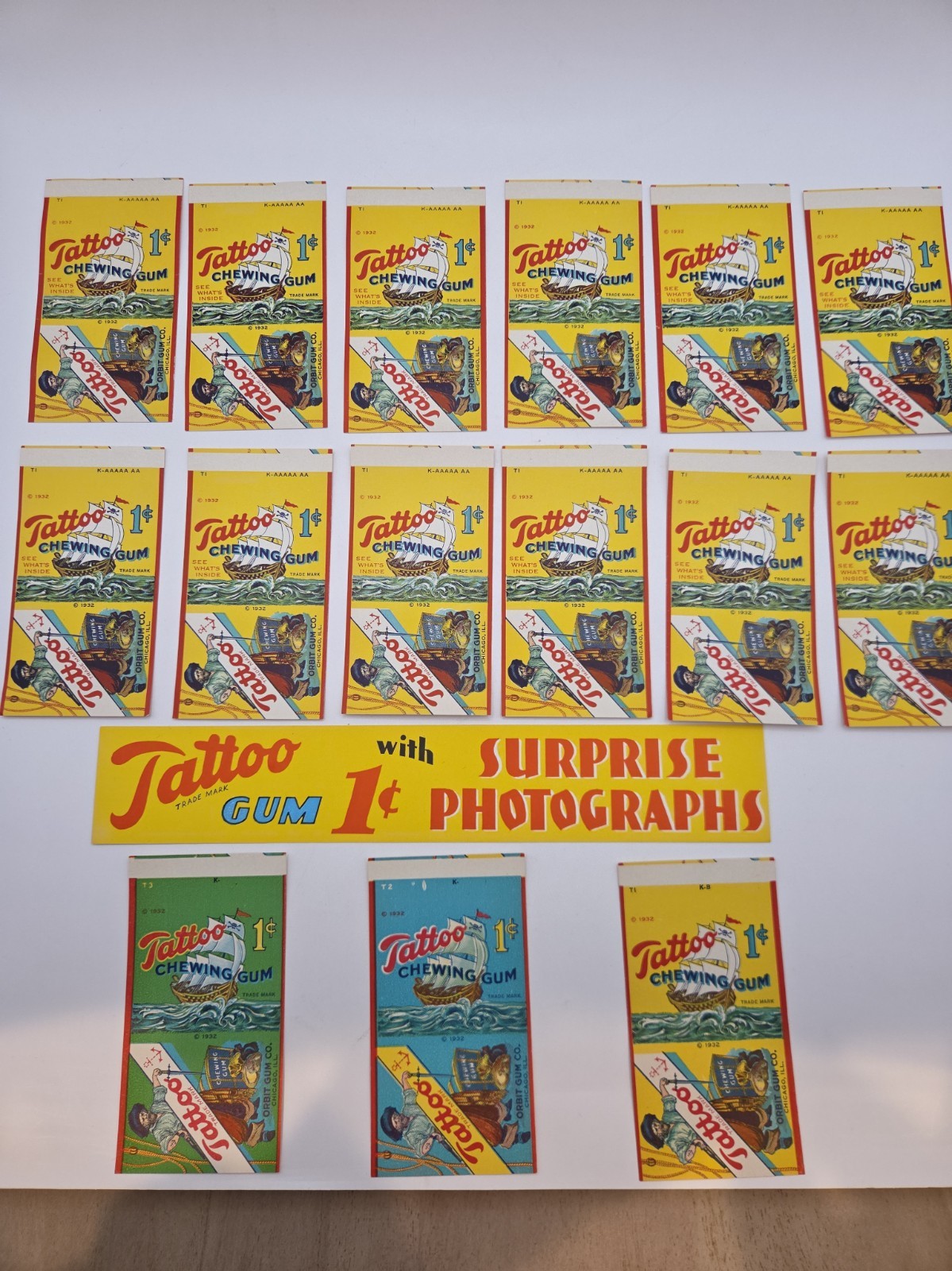 Scarce 1932 Original Orbit Co. Tattoo Chewing Gum Wrappers & Store Display Sign