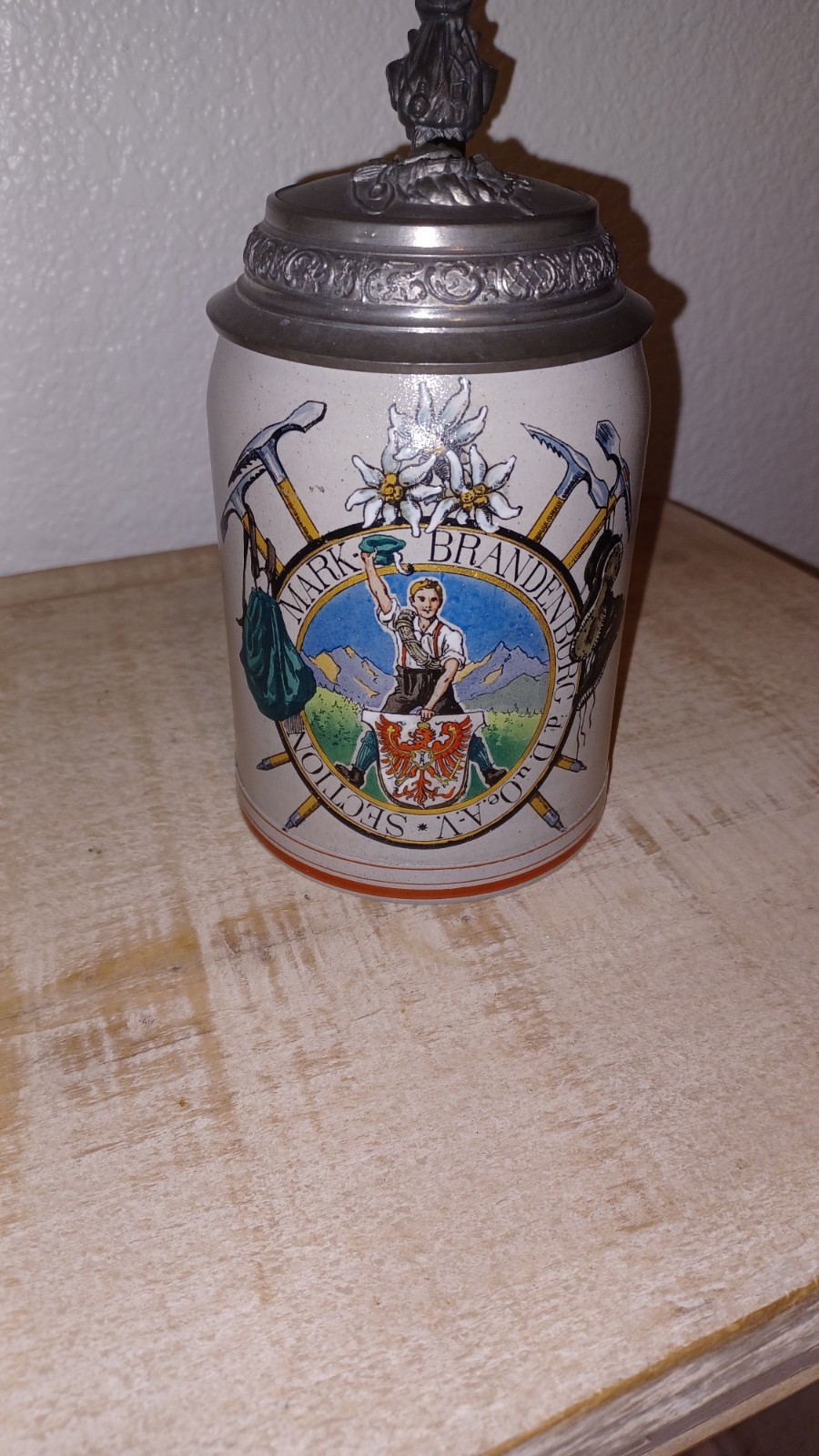 Antique DOAV German Beer Stein 1/2 Liter Brandenburg Climbing Club Lidded RARE