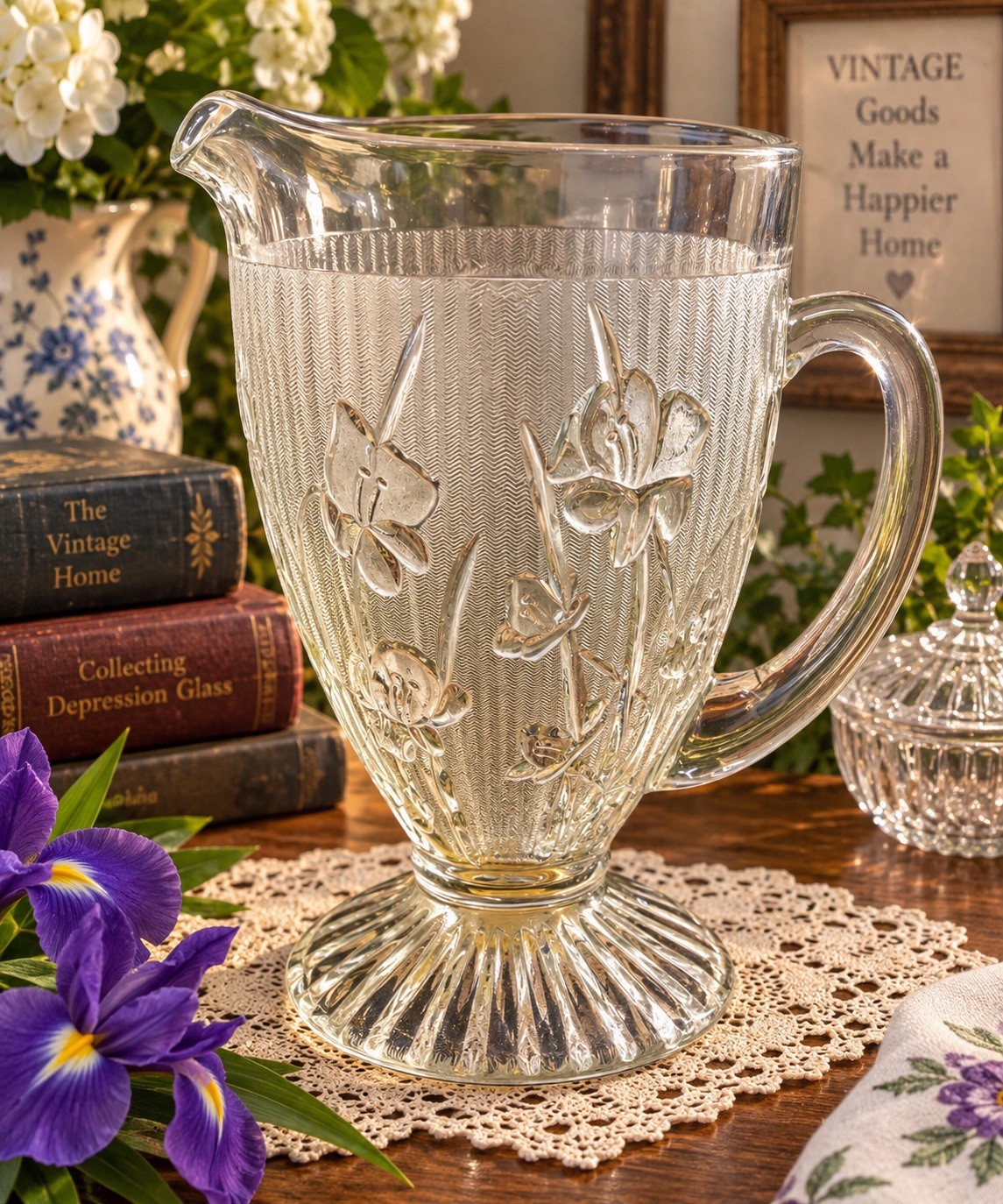 Vintage Jeannette Iris Herringbone Glass Footed Pitcher Clear Depression Glass