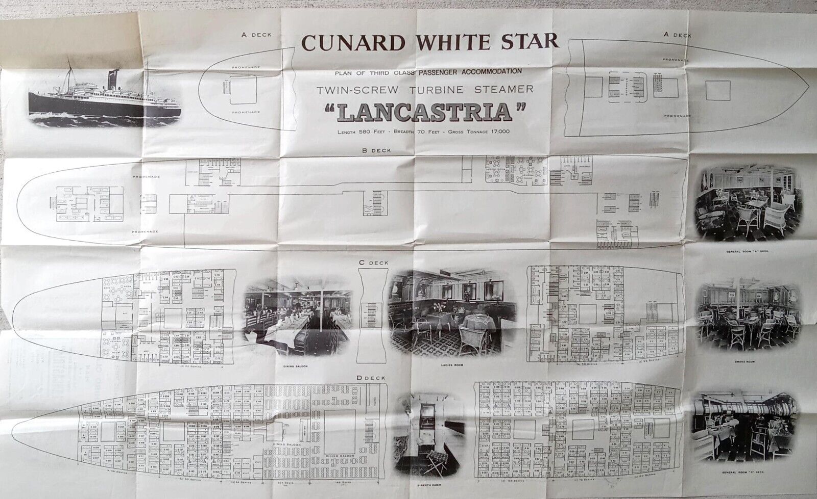 SS LANCASTRIA Cunard White Star  Third Class Deck Plan January 1937 Sunk WWII