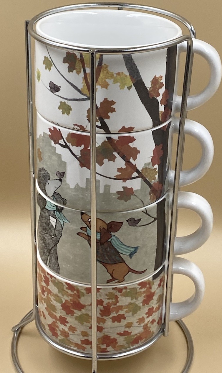 Pier 1 Stacking Coffee MUGS Dogs in Central Park FALL Autumn Leaves Set of 4