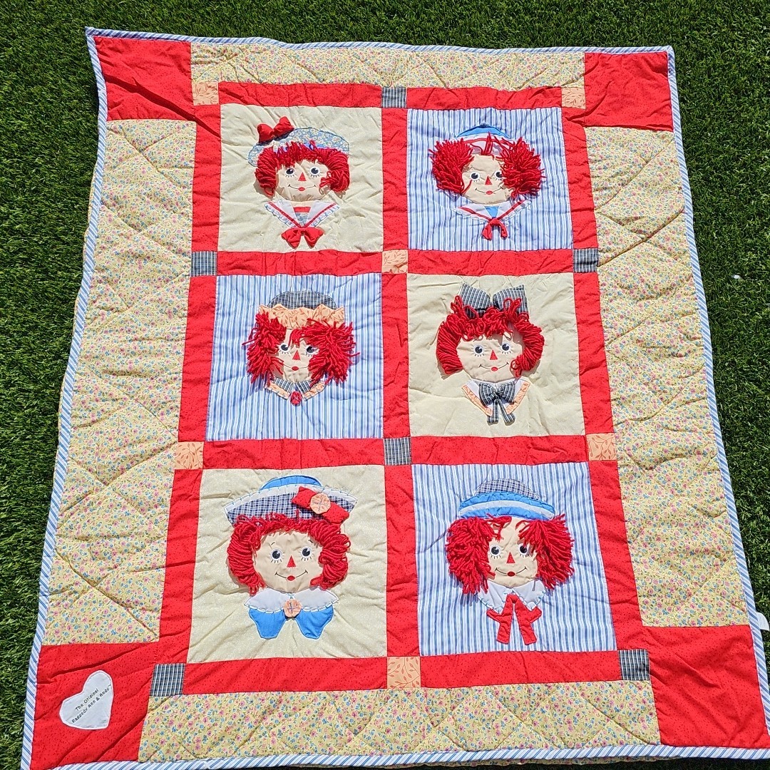Vtg Raggedy Ann & Andy Crib Quilt Blanket Throw Applause Yellow Floral NWOT