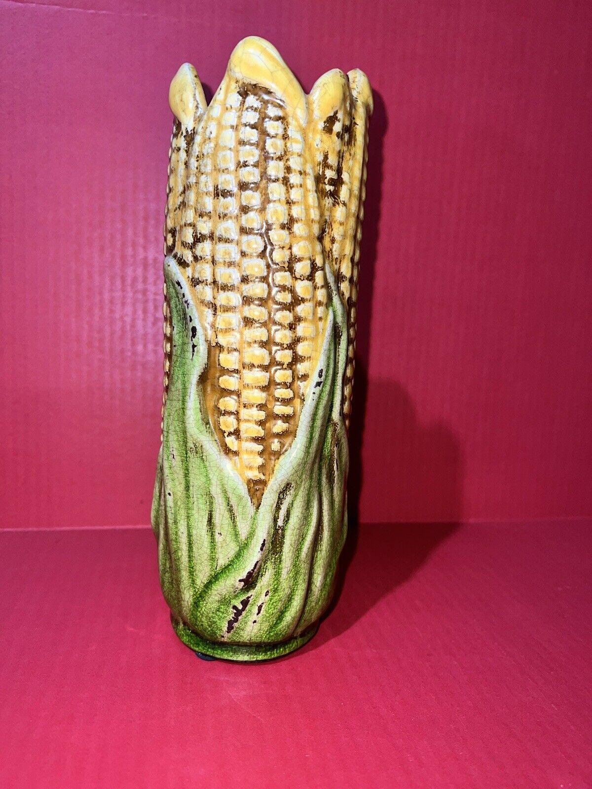 Antique Distressed MAJOLICA Corn on The Cob Vase 9” Tall Excellent Condition