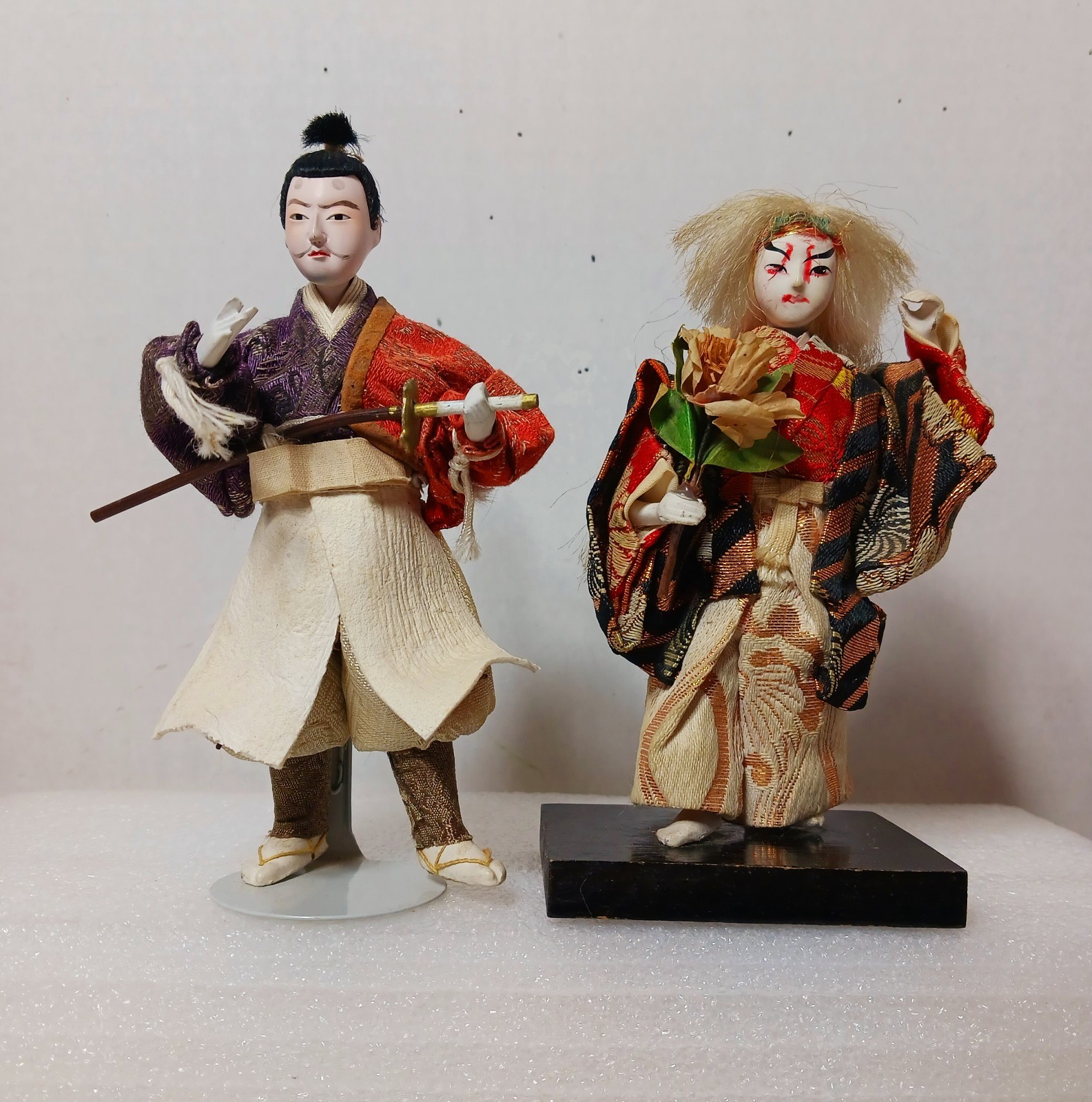 2 VTG Japanese Samurai Warrior, Mirror Lion Dance Gofun Geisha Doll Figurine MCM