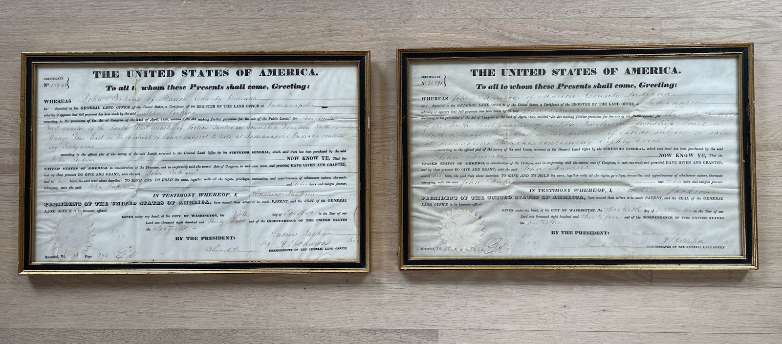 Pair 1835 Indiana Land Patents Andrew Jackson Signed By J Donelson Framed