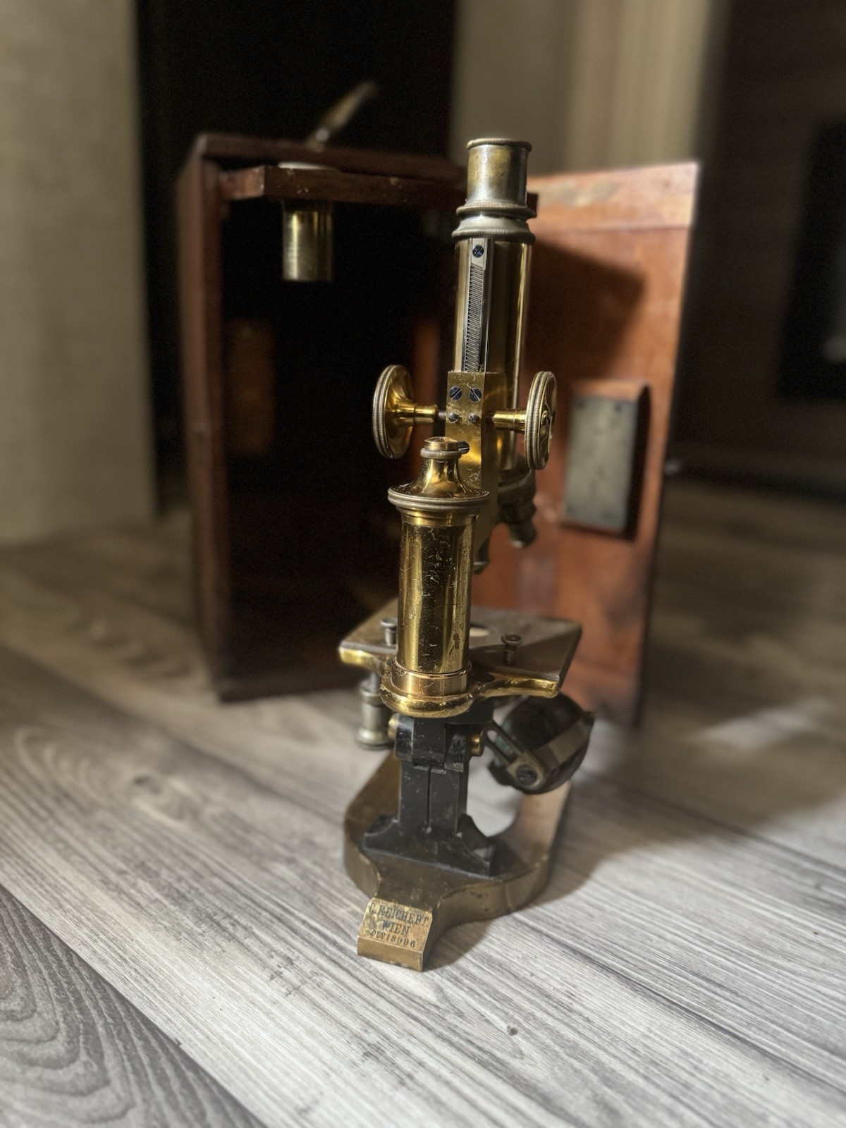 Reichert Wien Antique Vintage Brass Microscope w/ Wooden Case & Accessories 