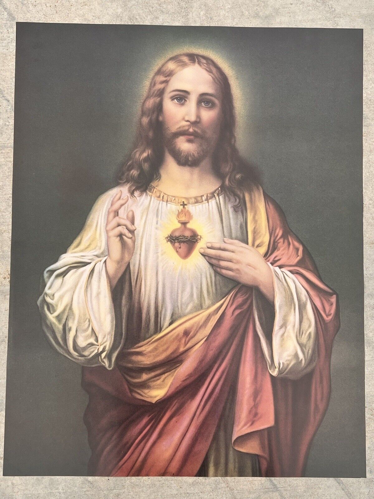 Vintage Poster Jesus Christ Sacred Heart 28” X 22” Catholic Christian Wall Decor
