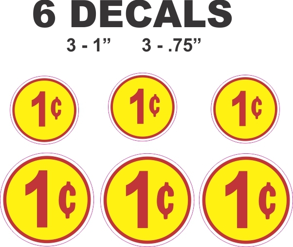 6 Yellow Gumball Vending Machine 1 One Cent Vinyl Decals -    Machine