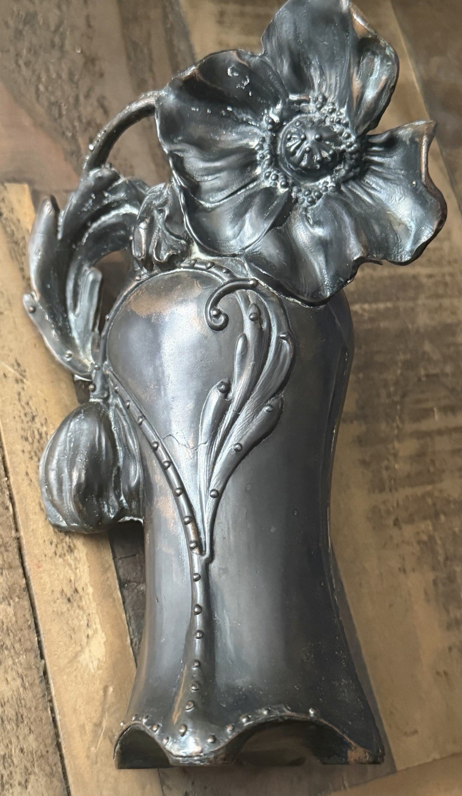 Rare Vintage Art Nouveau Heavy Metal Spelter Poppy Flower Vase, Bronze Finish