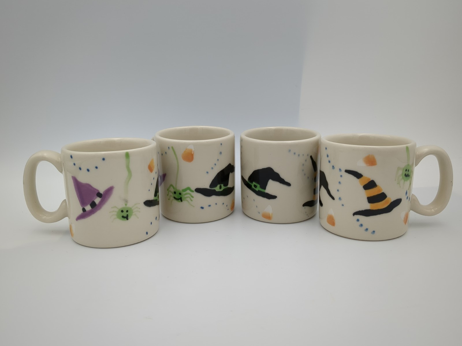 4 VTG Hartstone Pottery Mug HALLOWEEN Hand Painted Candy Corn Spider Witch Hat