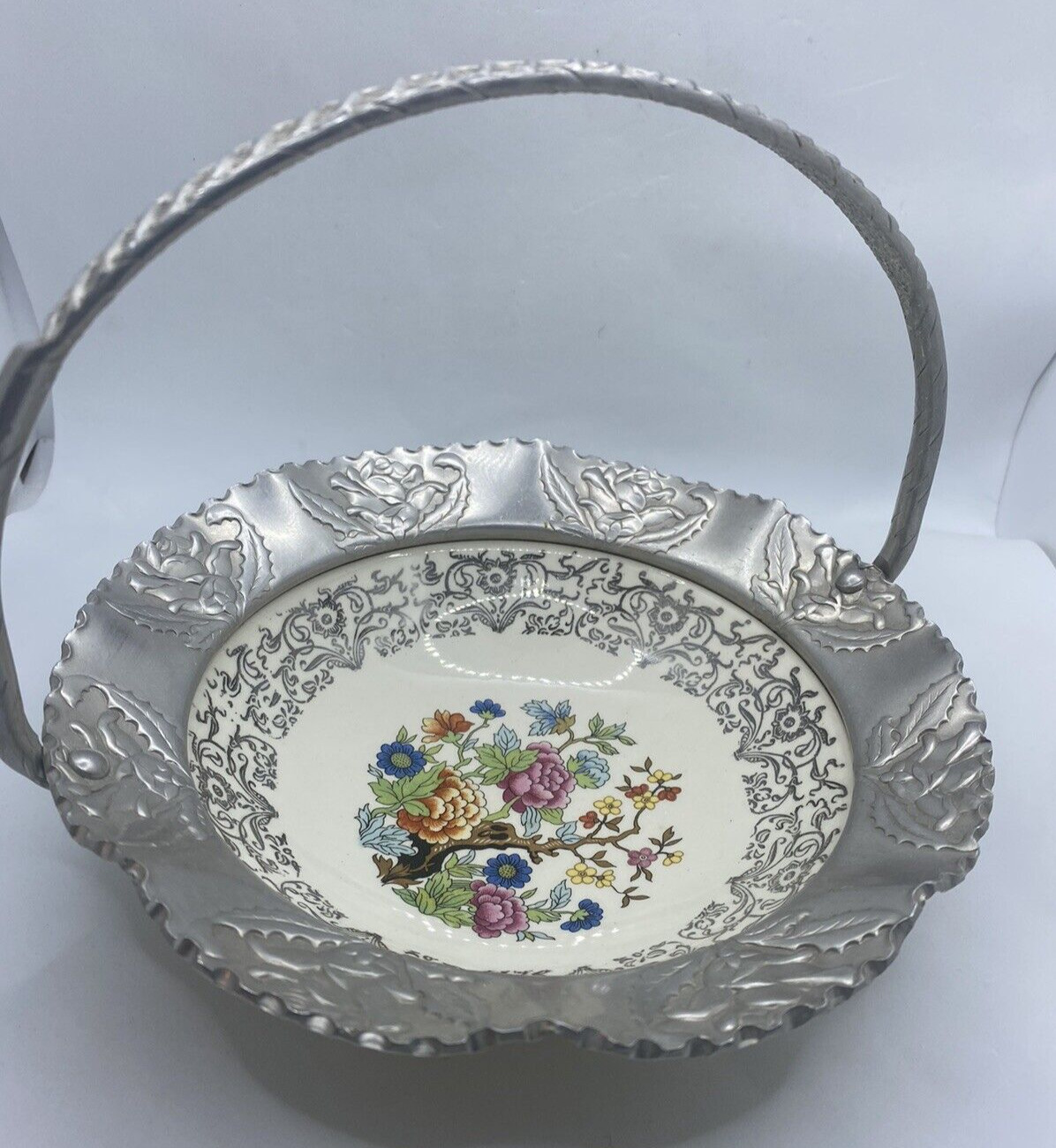 Farber & Shlevin Hammered Aluminum and Porcelain Bowl with Handle Vintage 1940s