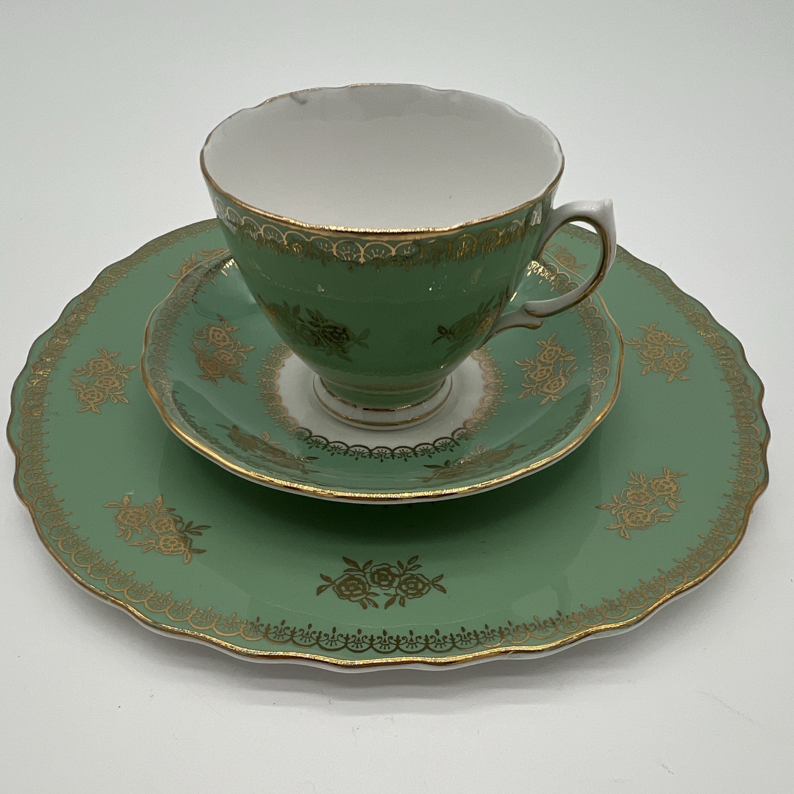 Vtg 1950s Colclough Green Gold Filigree Teacup Saucer Plate Trio Set England