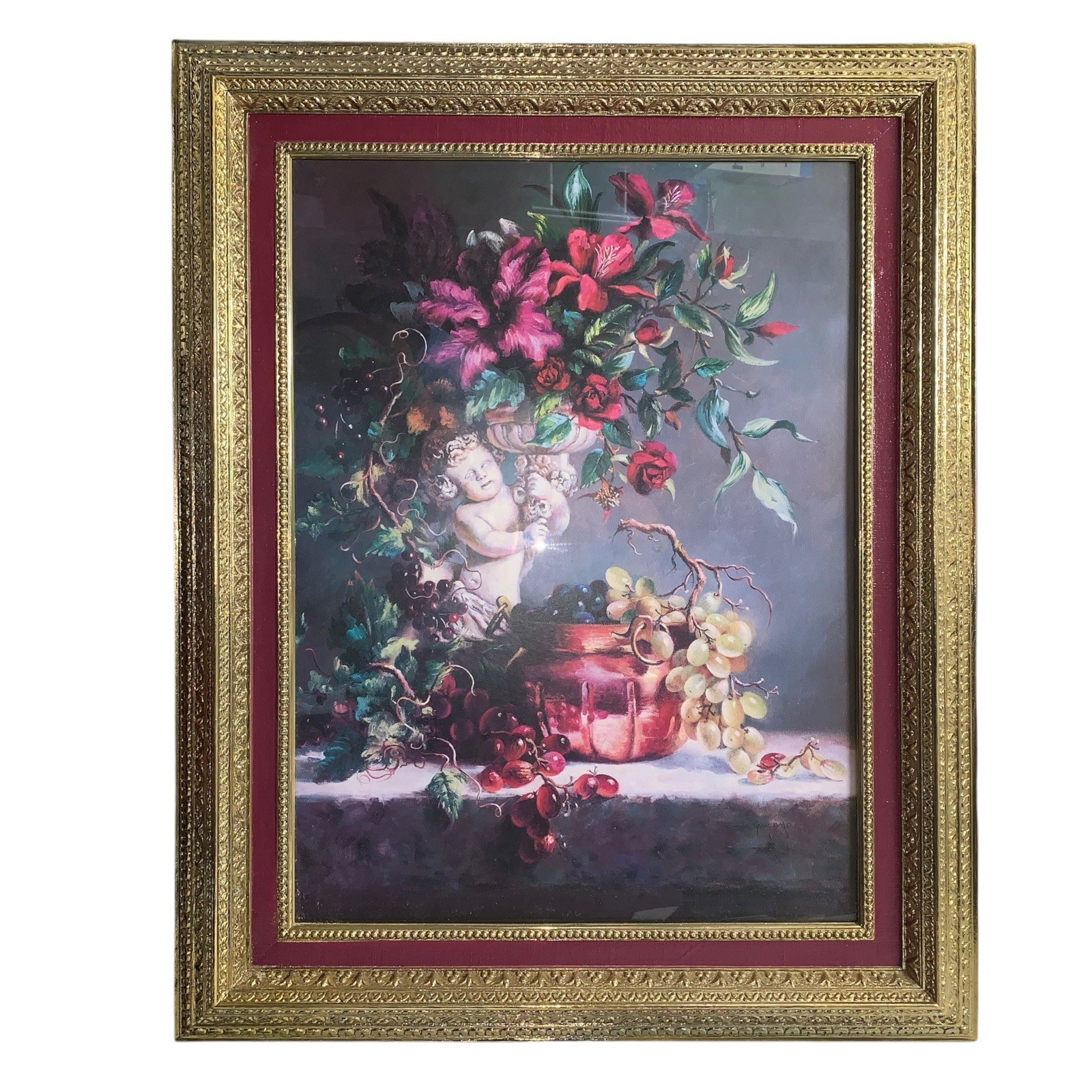 Vintage Retired Home Interior Cherub  Florals-Grapes-Angel Gold Framed 24 x 30
