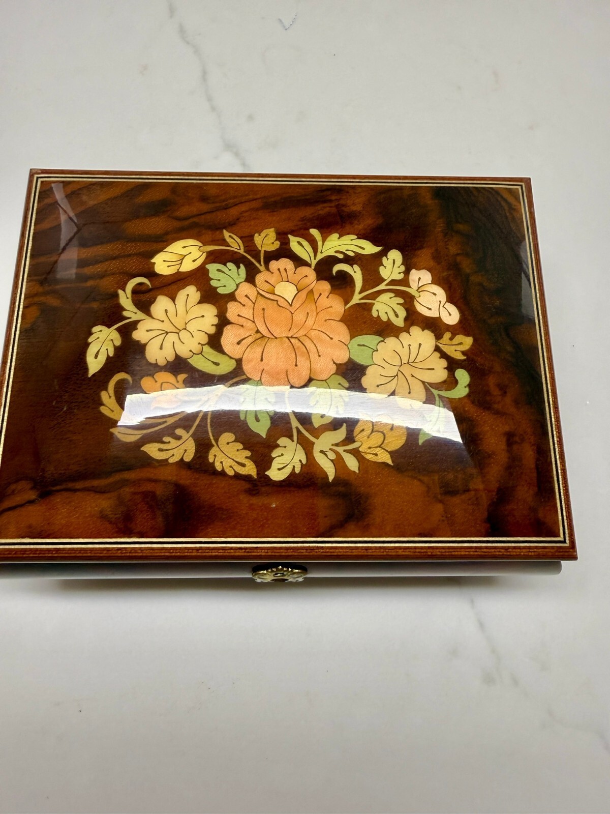 Vintage Wooden Jewelry Box with Floral Inlay and Red Velvet Interior Vintage Wooden Jewelry Box with Floral Inlay and Red Velvet Interior