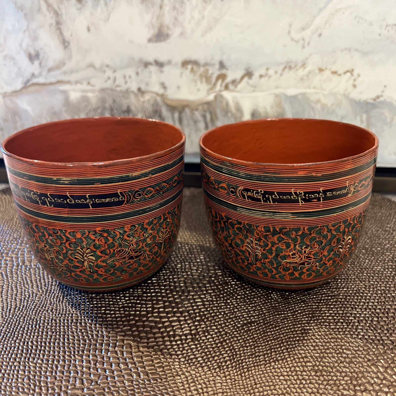 Antique Vintage Hand Painted Burmese Lacquer Set of 2 Drinking Cups