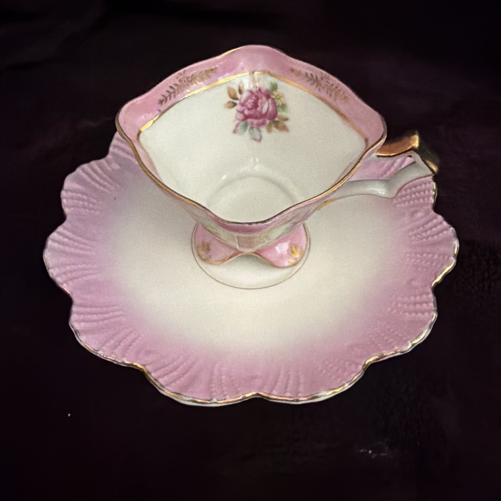 Vintage Unique Pink Ombré scalloped Tea cup & saucer Gold Trim Hand Painted