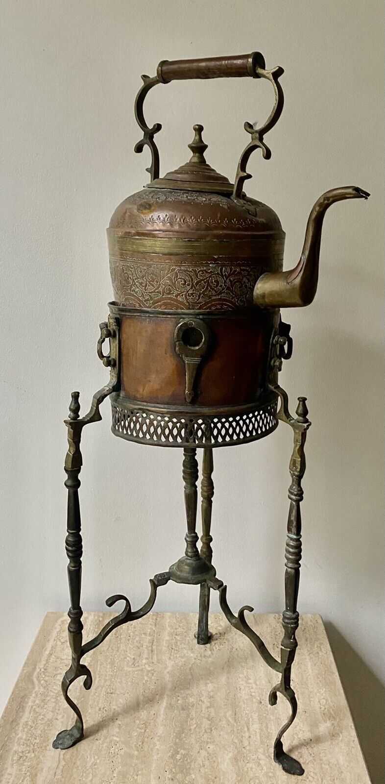 ANTIQUE TURKISH MIDDLE EASTERN HAND HAMMERED COPPER BRASS TEA KETTLE ON STAND