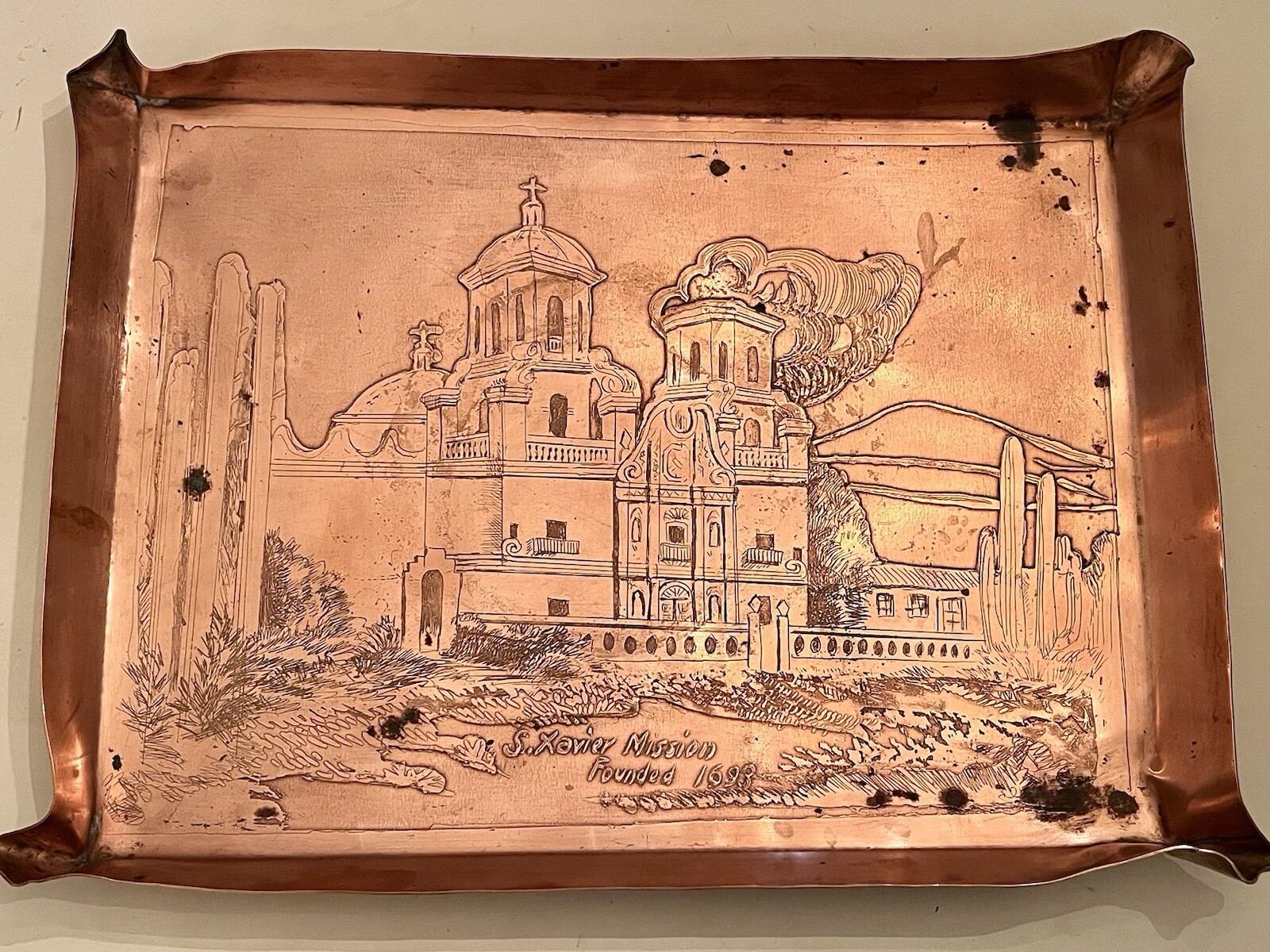 Early 1900s Antique Mission San Xavier 1693 - Tucson, AZ Acid-Etched COPPER Tray