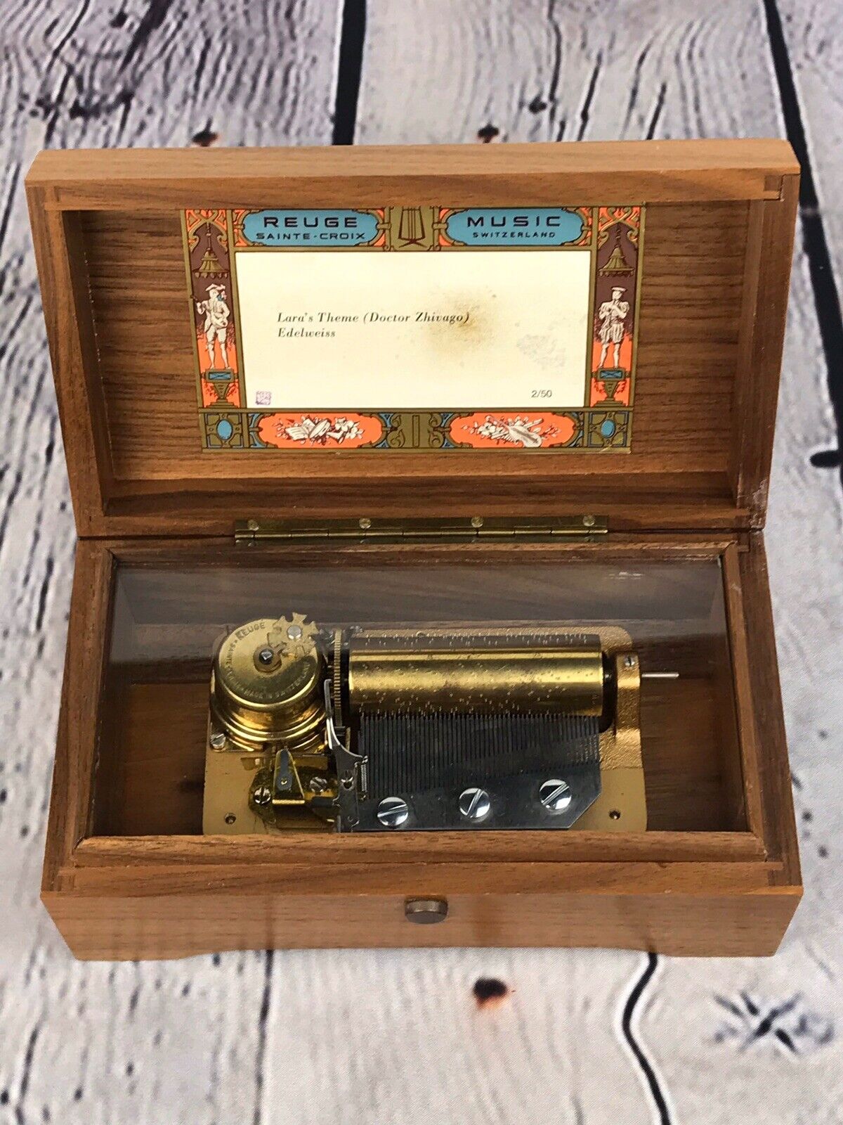Vintage Reuge wood cased music box 2 songs Lara\'s Theme Edelweiss