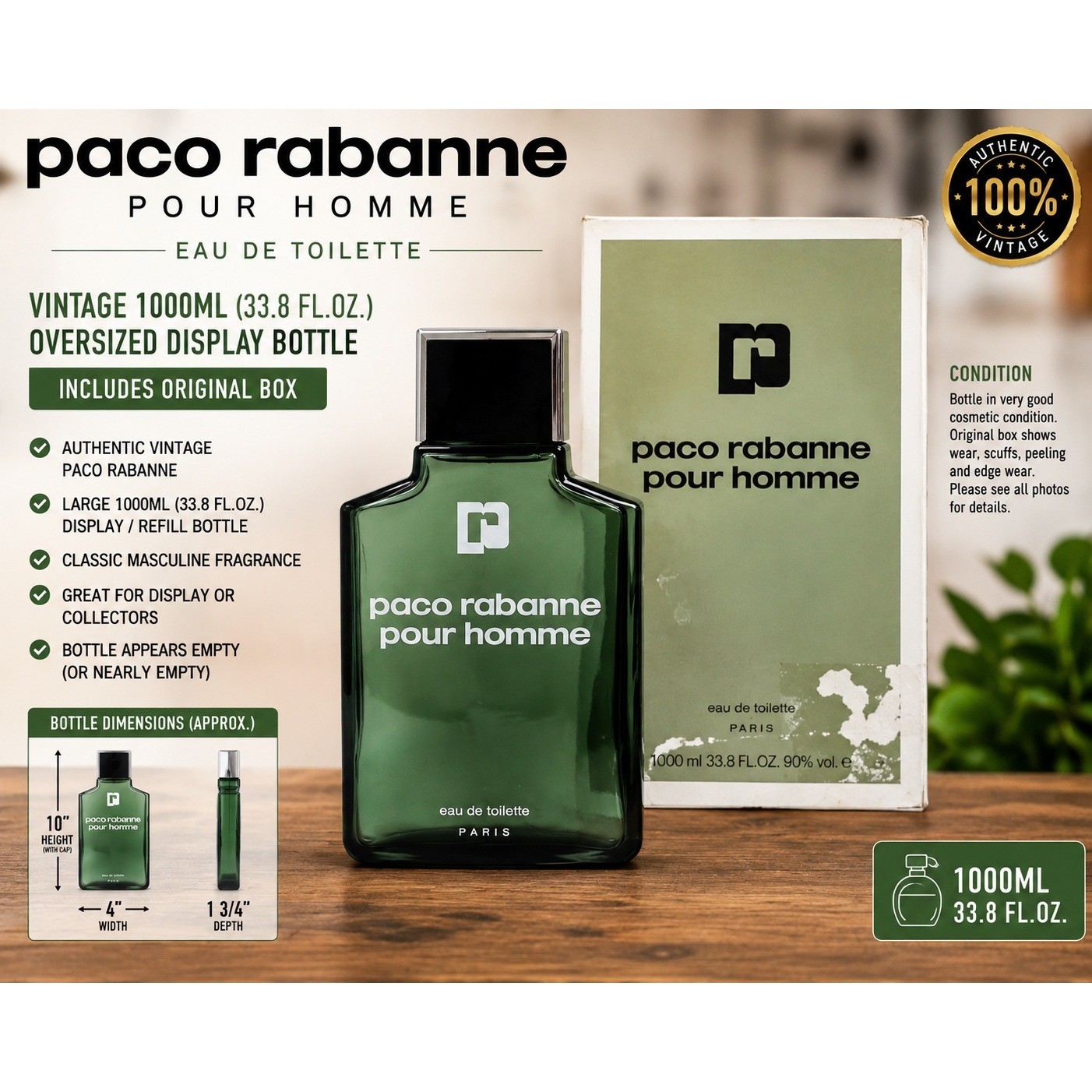 Vintage Paco Rabanne Pour Homme 1000ml 33.8oz Oversized Display Bottle with Box Vintage Paco Rabanne Pour Homme 1000ml 33.8oz Oversized Display Bottle with Box