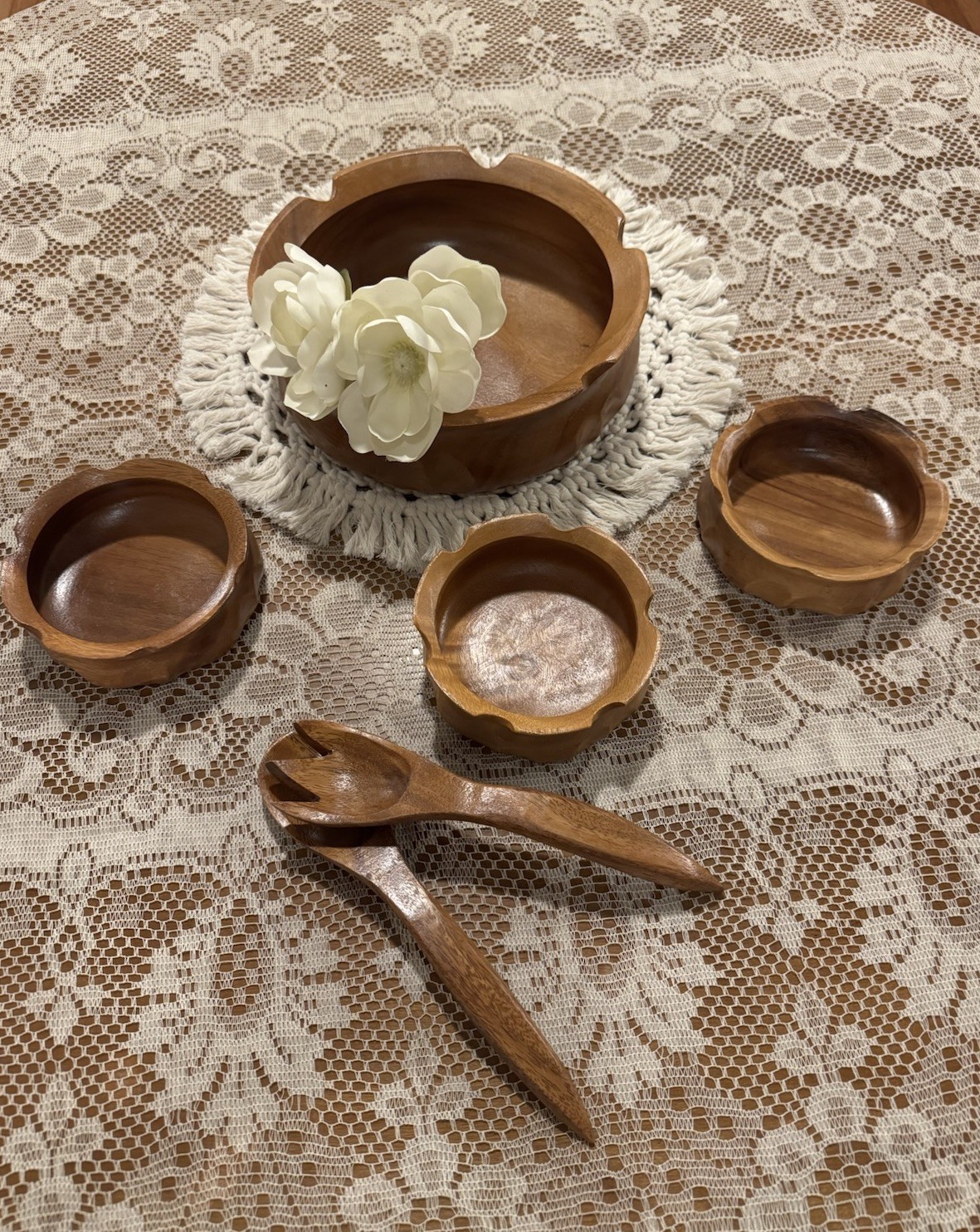 Vintage Mid-Century Monkey Pod Wood Salad Serving Set Scalloped Flower Bowls