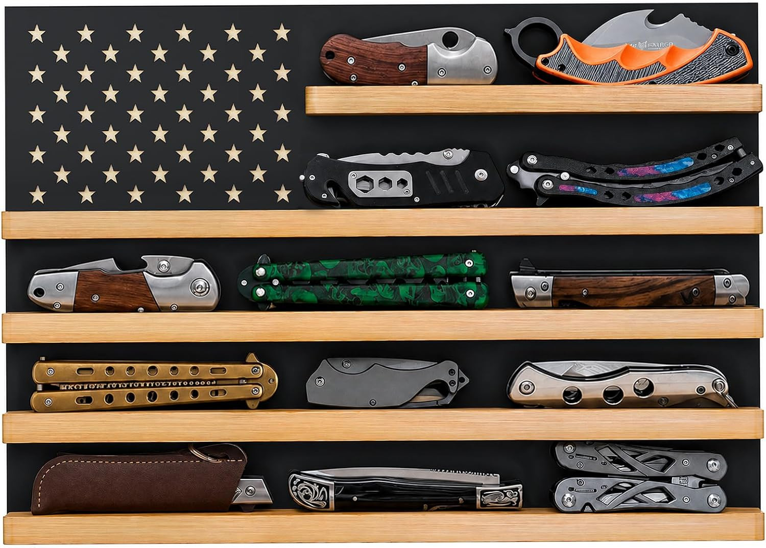 Pocket Knife Display Case Wall Mount, 100% Soild Wood