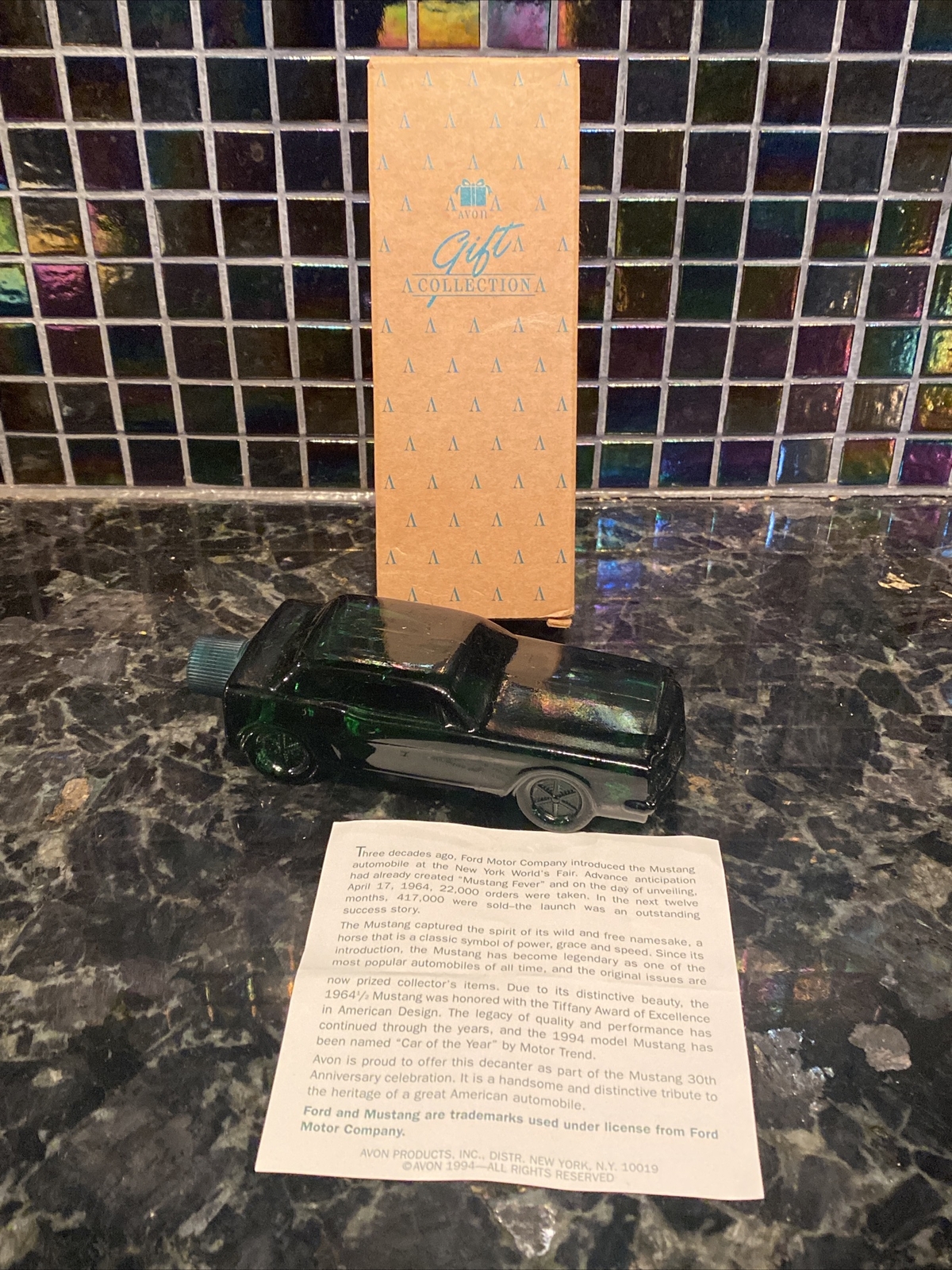 NEW NOS 1964 1/2 FORD MUSTANG COLOGNE GREEN GLASS BOTTLE NIB W PAPERS SMELLS A1