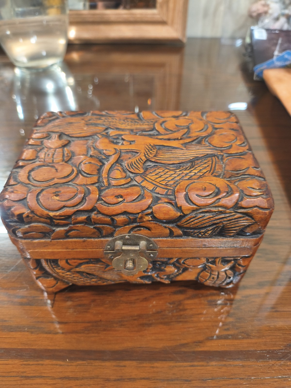 Antique Hand Carved Wood Trinket Box Jewelry Casket Folk Art Ornate 6.5”x5.5