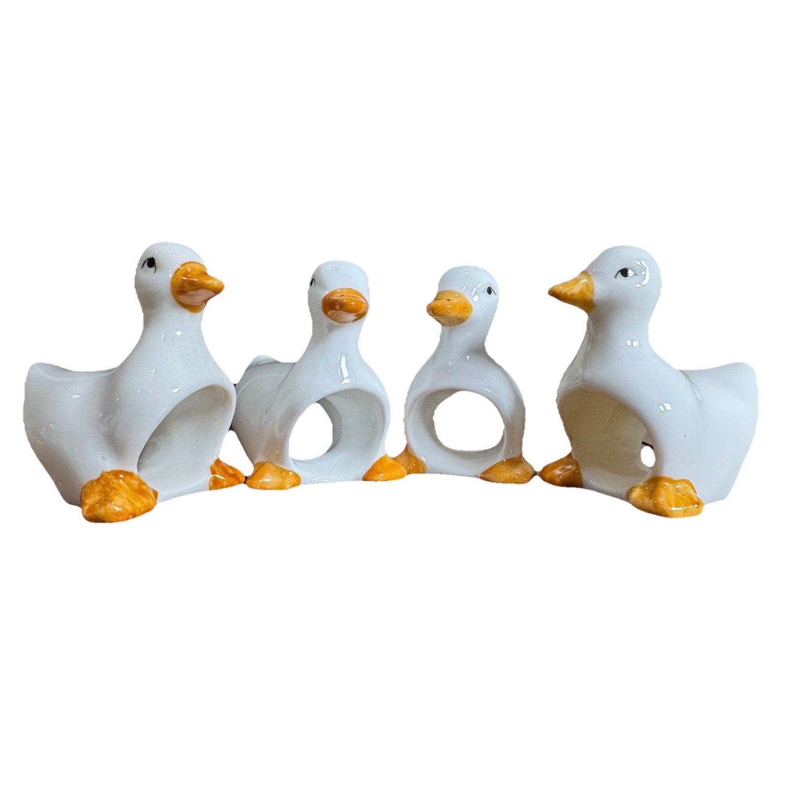 4 Adorable Vtg Cottage Core Ceramic White Duck Goose Geese Napkin Rings Holders
