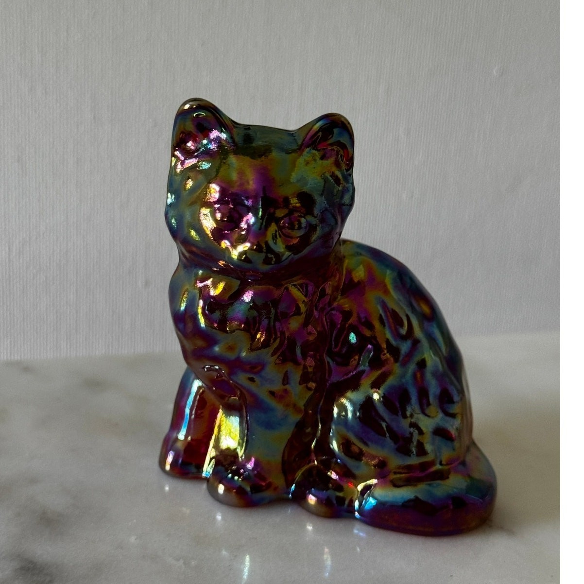 Mosser Carnival Glass Cat Figurine Iridescent Art Glass Kitty Red Glow