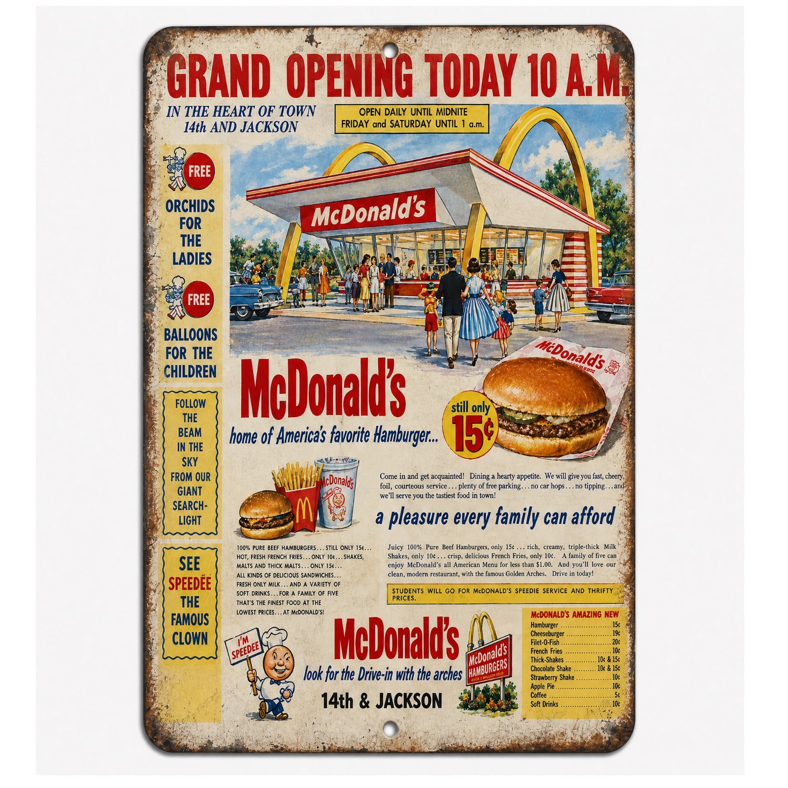 McDonalds Hamburgers Vintage Metal Sign Grand Opening 1950s Era Replica 3 Sizes McDonalds Hamburgers Vintage Metal Sign Grand Opening 1950s Era Replica 3 Sizes