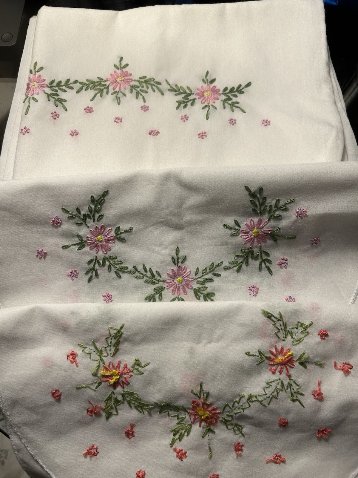 Vintage Hand-Embroidered Linens Set: 2-Dresser Scarves & 2 Matching Pillowcases
