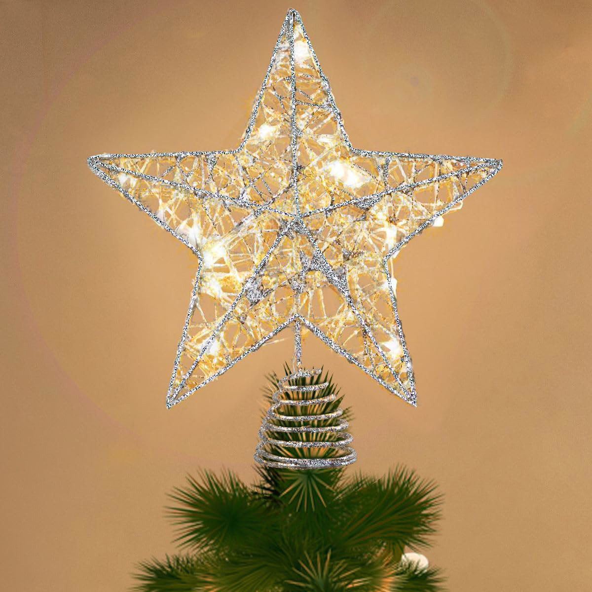 Joiedomi Christmas Tree Toppers, Glitter Silver Star Tree Topper Lighted with Wa