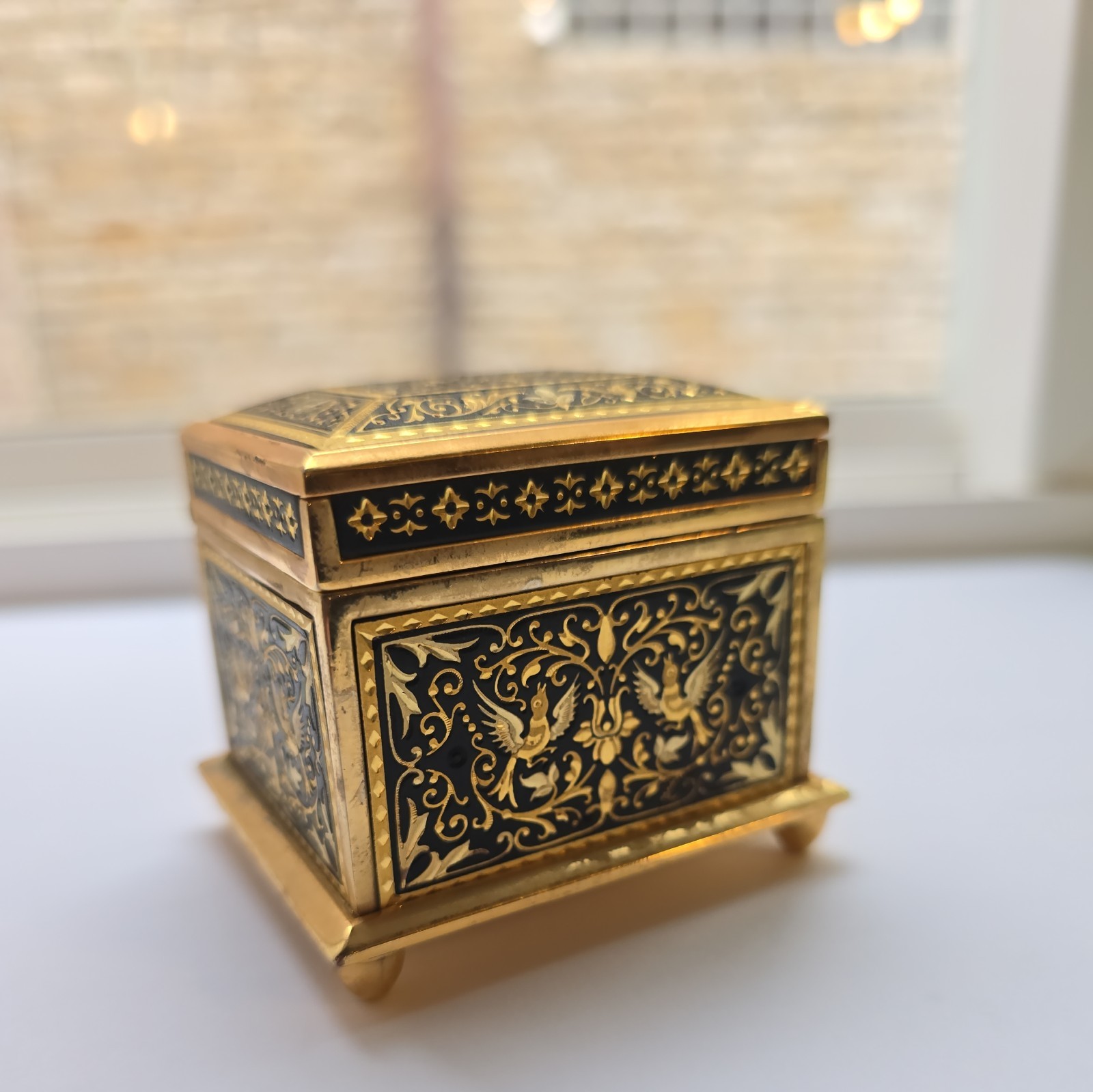 Vintage Damascene Jewelry Box With Birds 