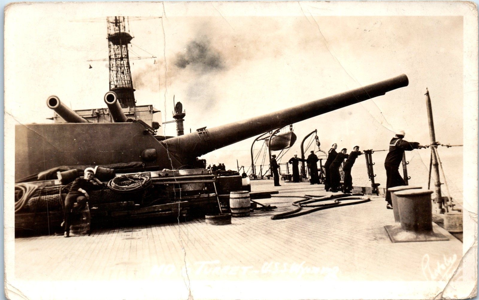 Vintage Postcard USS Wyoming 1909 Naval Battleship Gun Deck Sailors RPPC