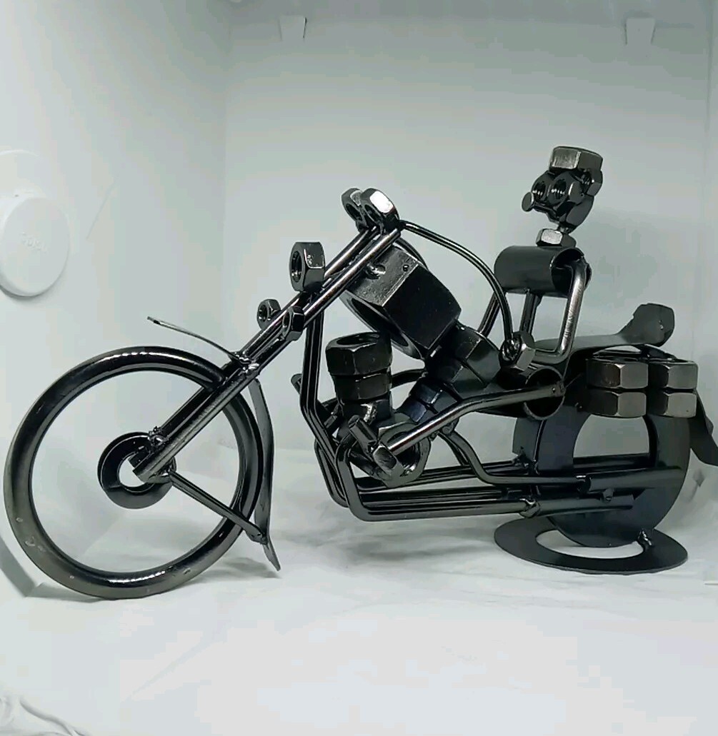 Hand Made Scrap Nuts Bolts Metal Motorcycle Man Figurine