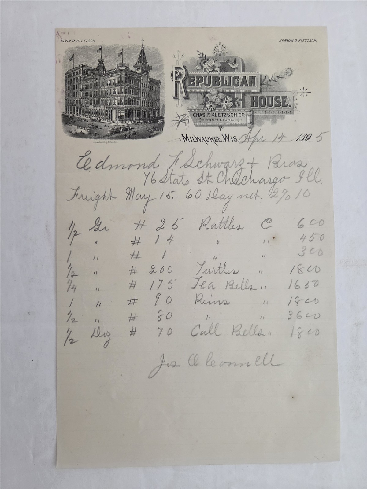 1895 antique REPUBLICAN HOUSE milwaukee wi HOTEL LETTERHEAD KLETZSCH chicago il