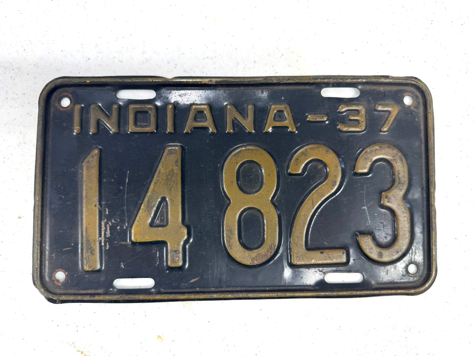 Vintage 1937 Indiana License plate tag SHORTY 5 digit 14823 nice original paint