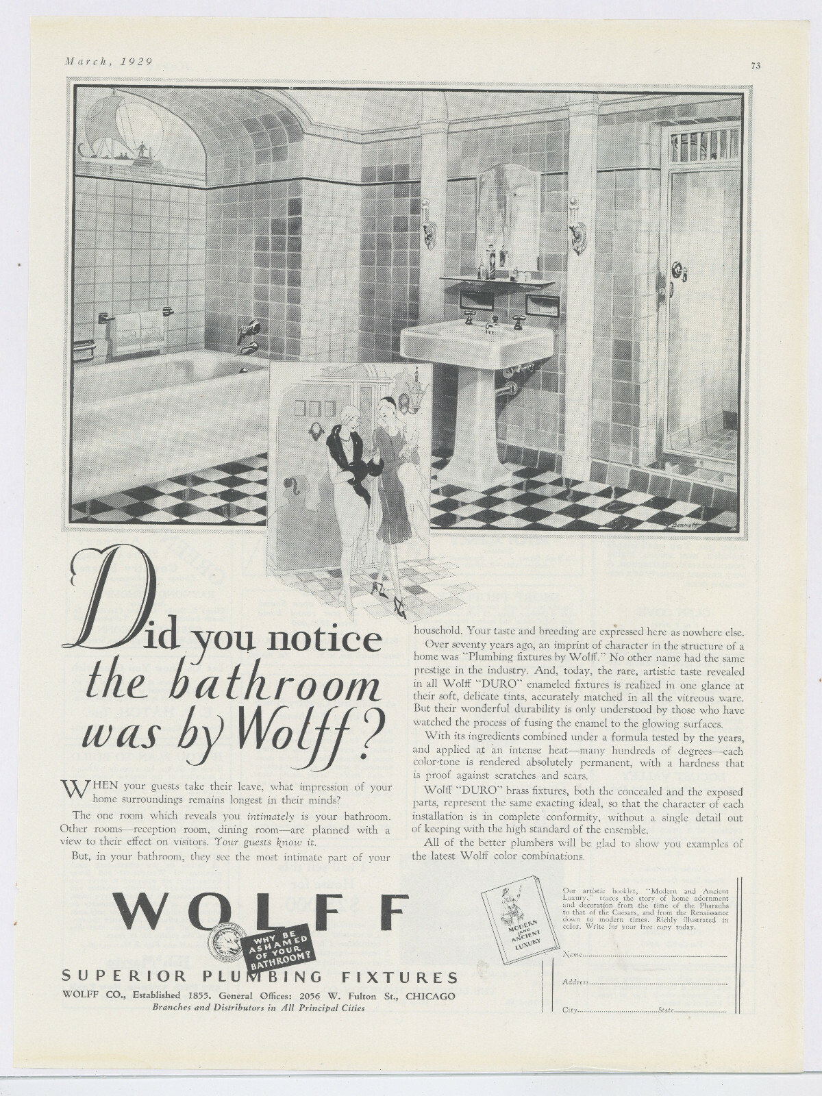 1929 Wolff Fixtures Advertisement: Fulton Street, Chicago Superior Plumbing Fix.