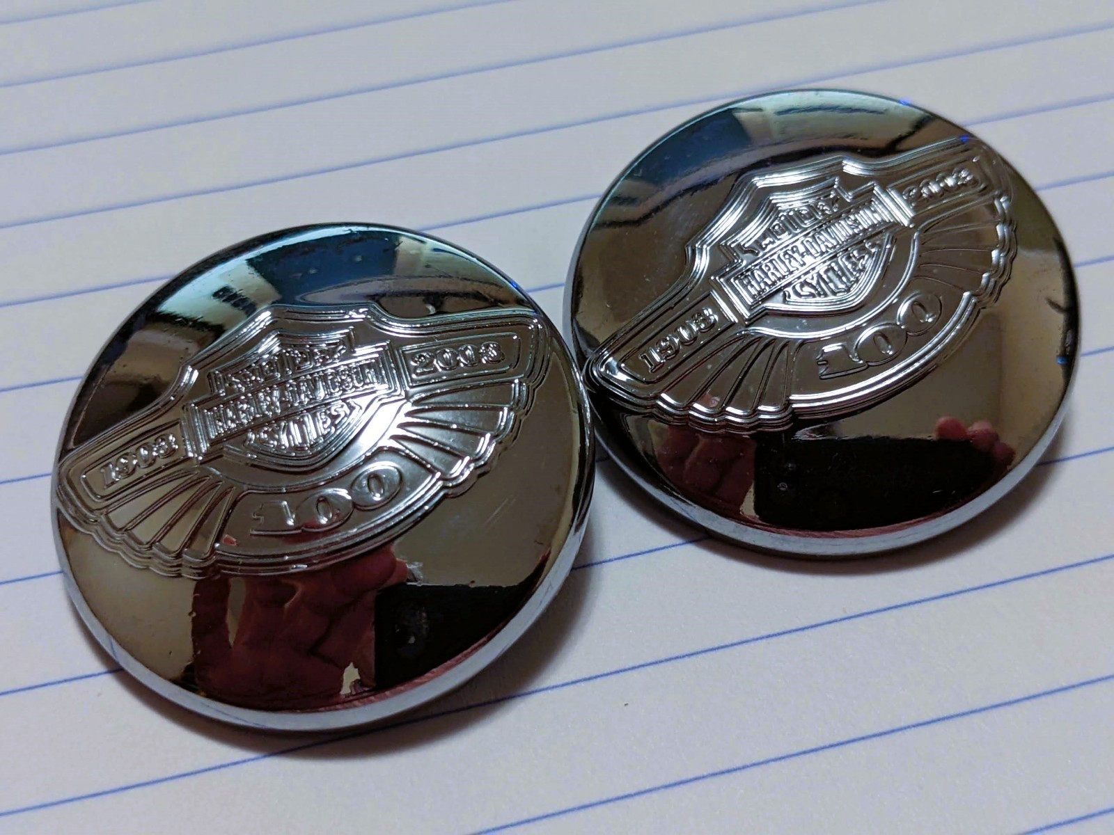 Matched Set of 2 Harley Davidson 100th Anniversary Hand Grip End Caps PERFECT Matched Set of 2 Harley Davidson 100th Anniversary Hand Grip End Caps PERFECT