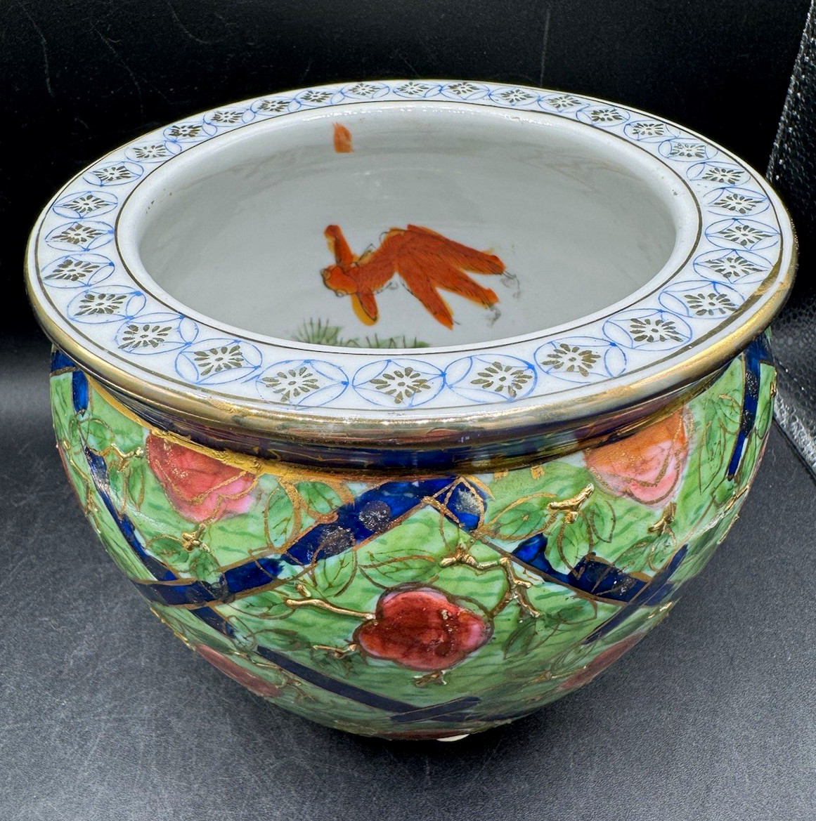 Chinoiserie Porcelain Fish Bowl Cachepot Planter Green Floral Koi Fish Inside