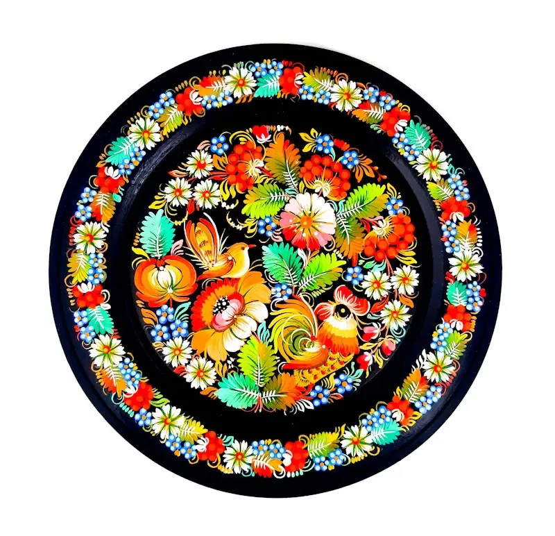 Wall plate Petrykivka painting ROCKSTAR and NIGHTINGALE IN FLOWERS💛💙
