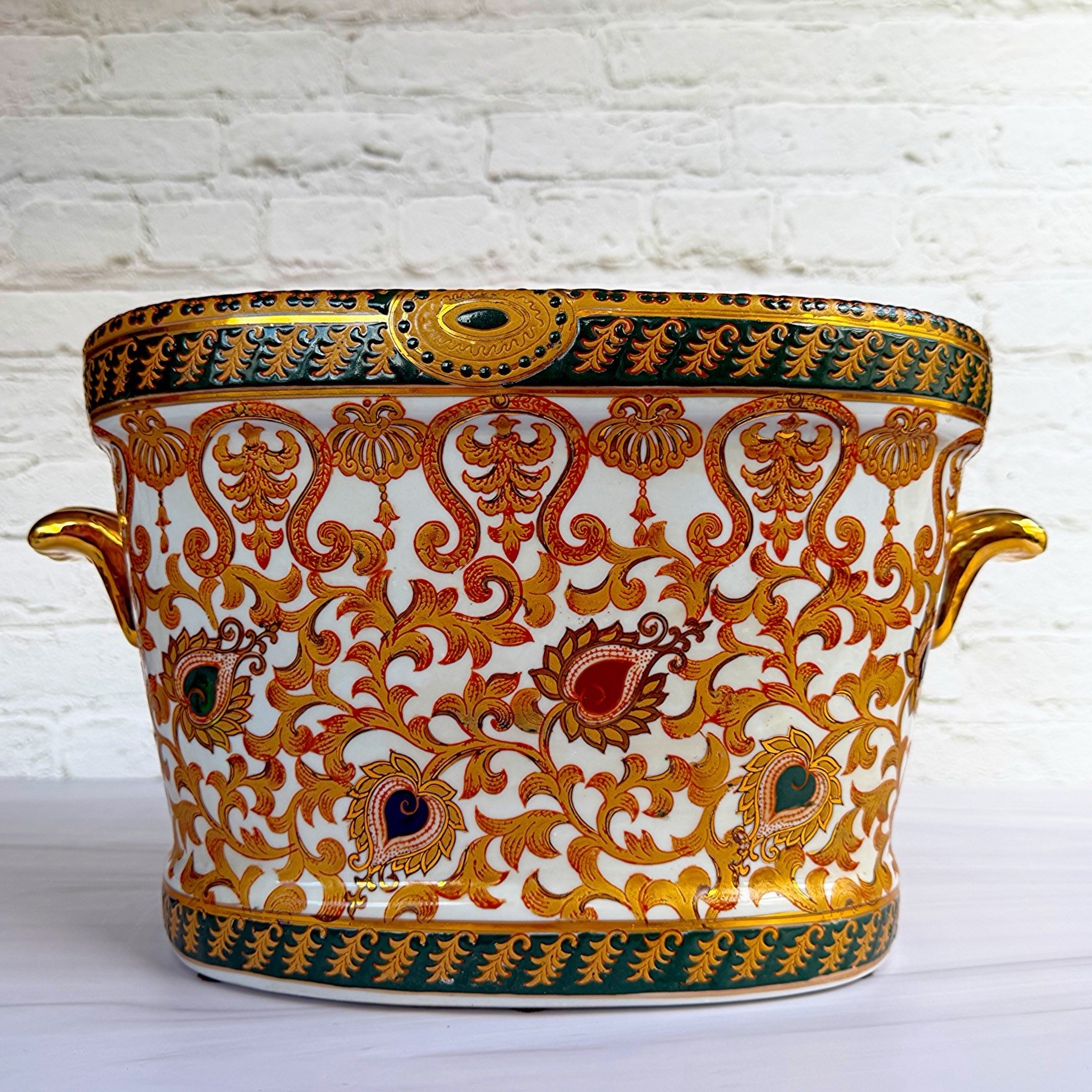 Chinese Ceramic Oval Cachepot Planter Gold Paisley Green Gilt Handles Home Decor