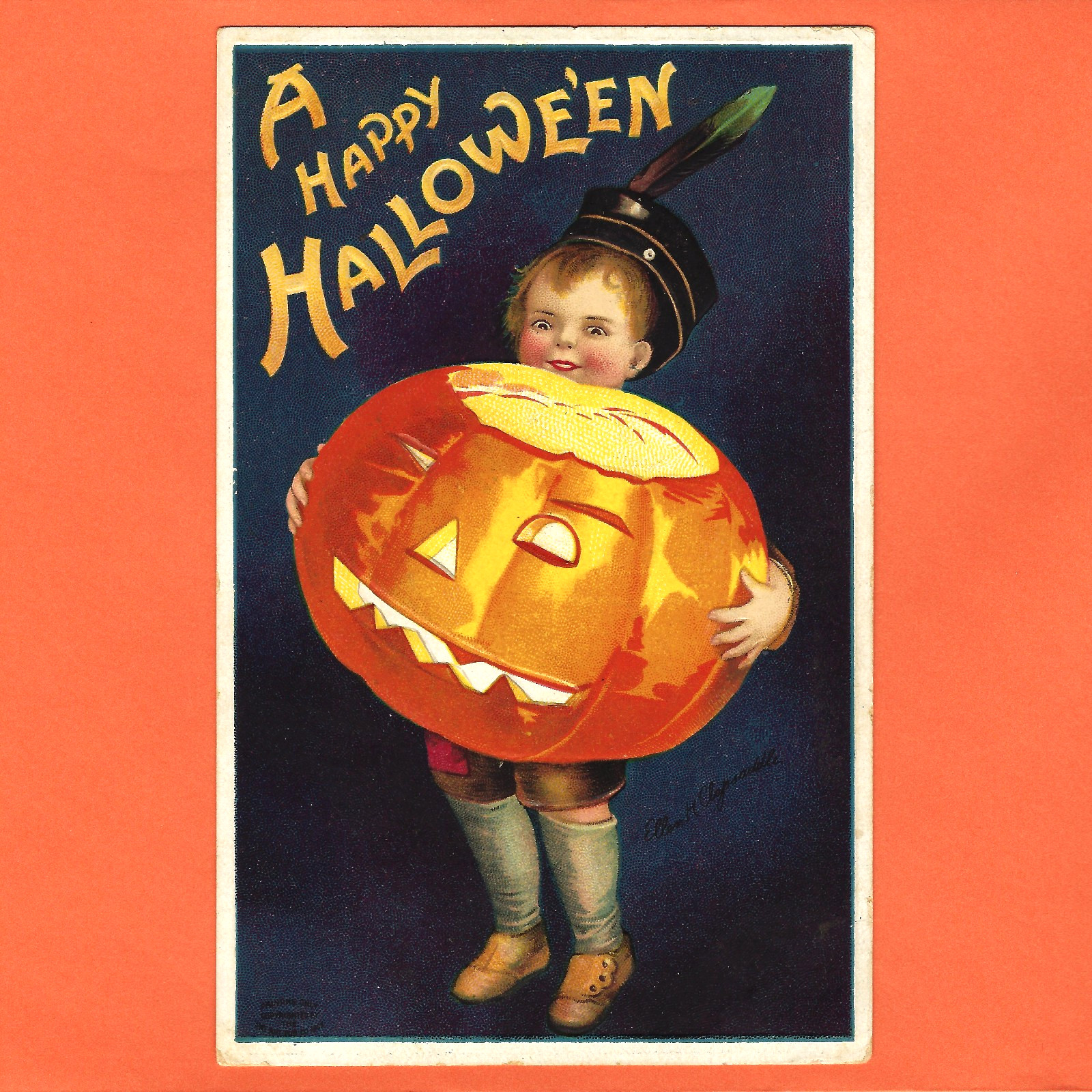 Halloween Clapsaddle Boy Glowing JOL Delivery Uniform Hat A/S Emb PC c1909 EUC