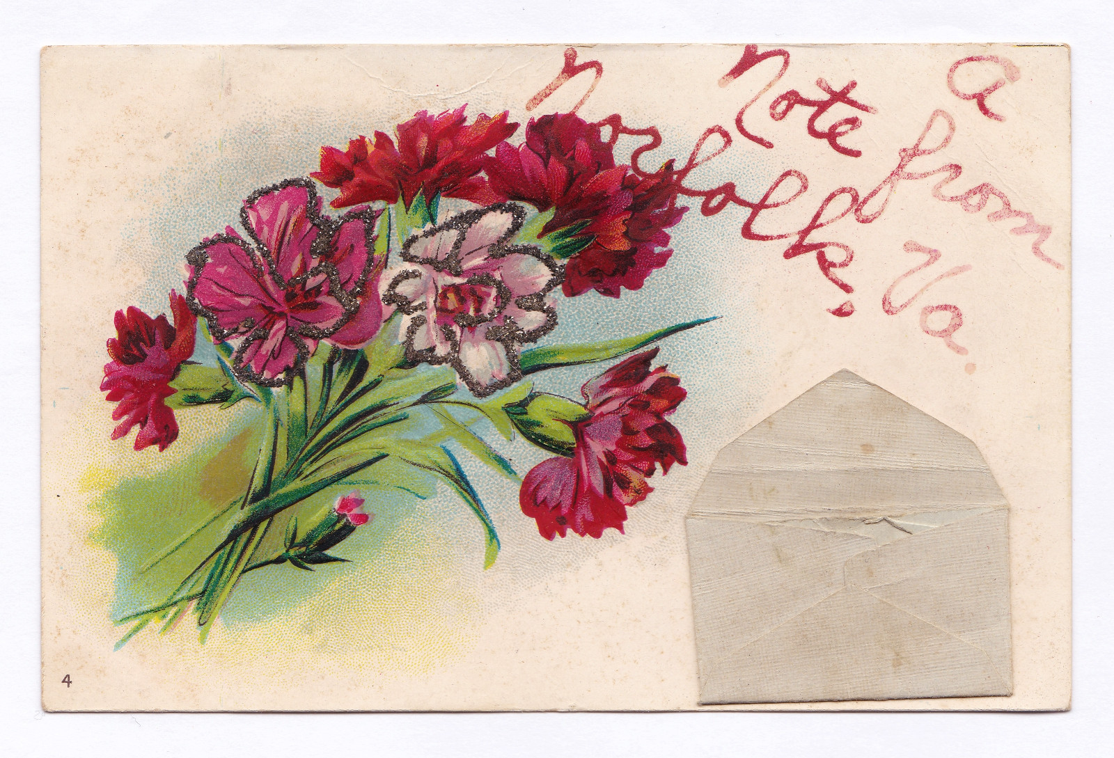 1907-15 A Note From Norfolk VA Postcard Greetings Mini Envelope Embossed Floral