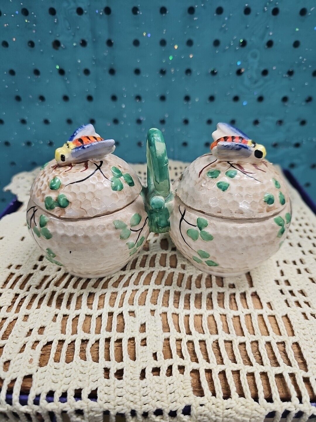 Vintage Occupied Japan ceramic bees & shamrocks sugar bowl set