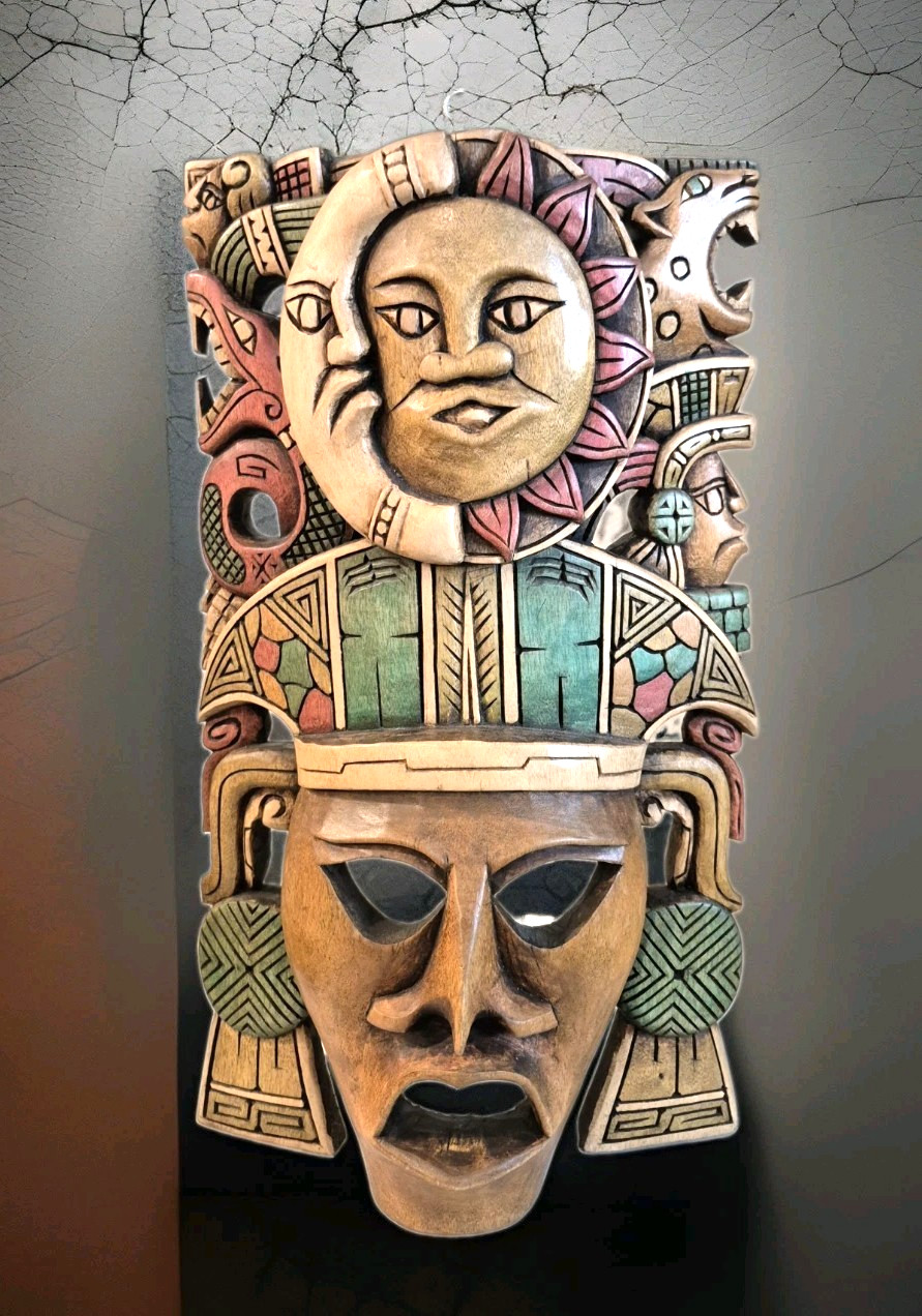 Hand Carved Wooden Mayan Mask Sun, Moon, Jaguar, Snake Wall Hanging-15