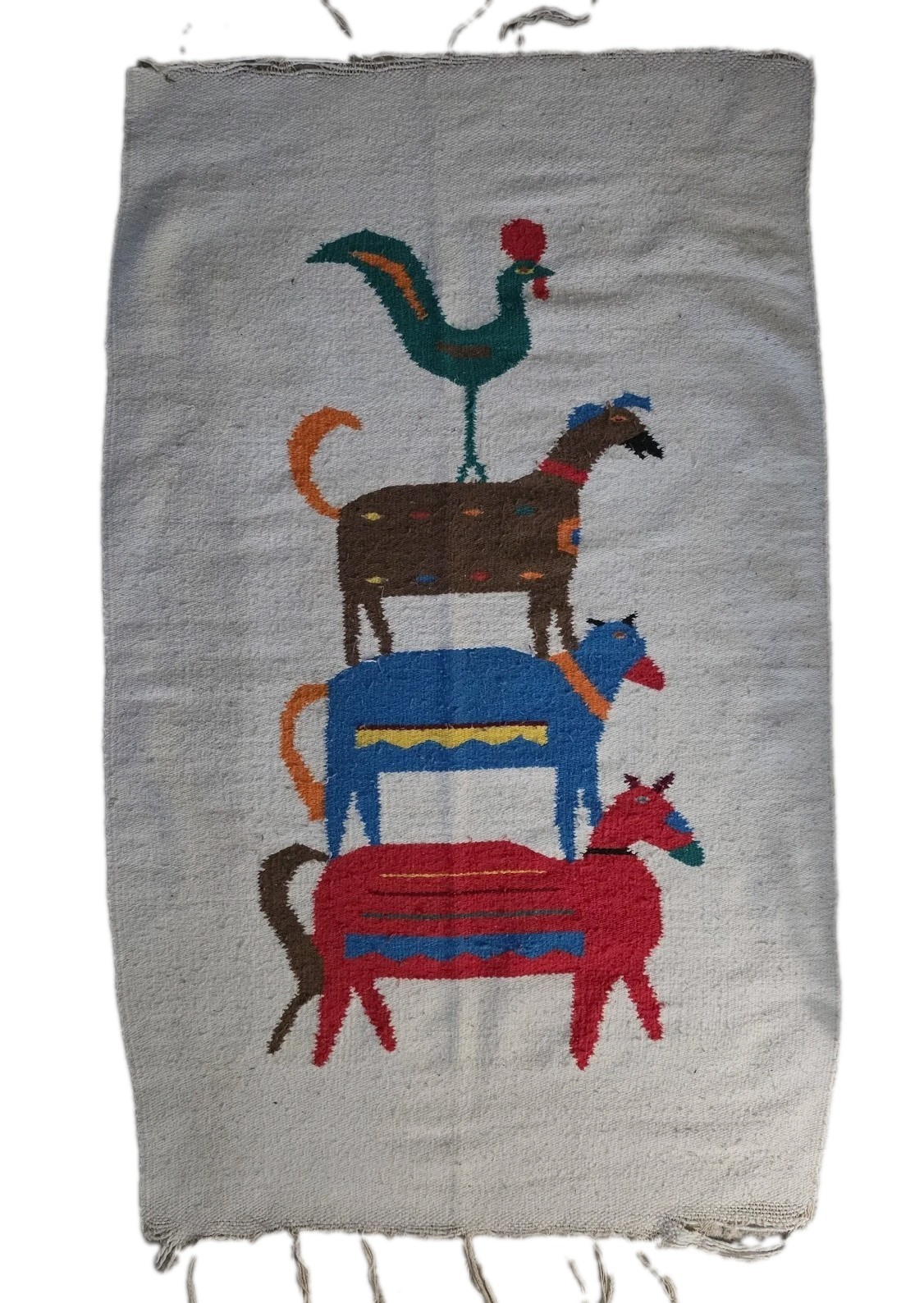 Vintage Mexican Southwestern Flat Weave Wool Rug Animal Rooster Goat Cow Horse
