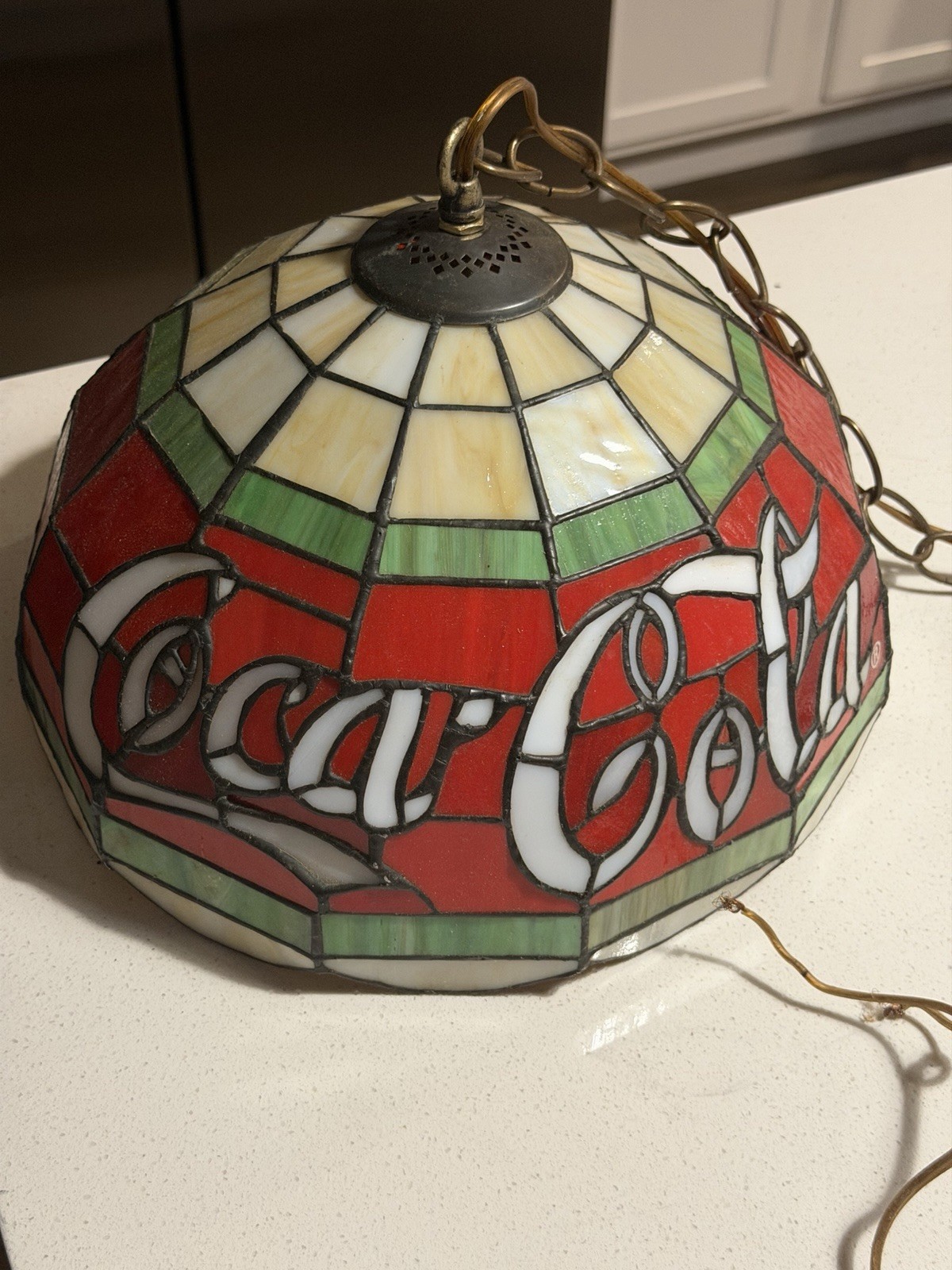 Vintage Coca Cola Tiffany Style Faux Stained Glass Hanging Swag Pendant Lamp Vintage Coca Cola Tiffany Style Faux Stained Glass Hanging Swag Pendant Lamp