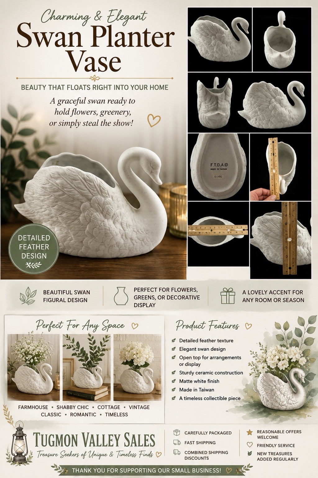 Vintage F.T.D.A. White Ceramic Swan Planter Vase 1988 Taiwan Floral Centerpiece
